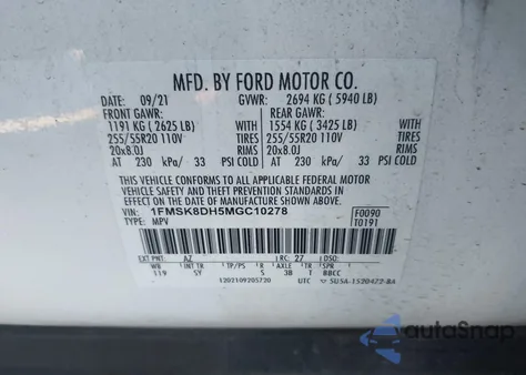 2021 Ford Explorer Xlt z USA, uszkodzony, nr VIN 1FMSK8DH5MGC10278